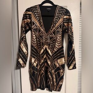 Express Black and Gold Geometric Sequin Dress